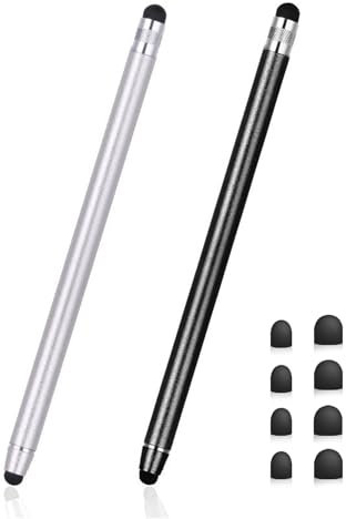 Lamkrtlp Stylus Pens for Touch Screens, 2Pack Universal Tablet Pen Capacitive 2 in 1 Touch Screen Pen for Samsung/Tablet with 8 Replace Tips (Black+Silver)