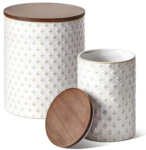 LE TAUCI Ceramic Kitchen Canister Set with Airtight Lids, Food Storage Containers for Flour, Sugar, Coffee - Large Embossed Jars for Pantry Storage & Countertop Decor - Set of 2 (78/25 oz), Clover