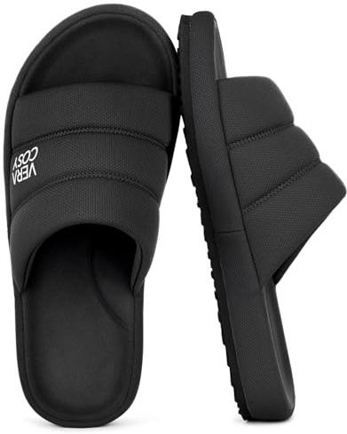 VeraCosy Men's Open-Toe Slippers Memory Foam Shoes Dark Black,10-11 UK