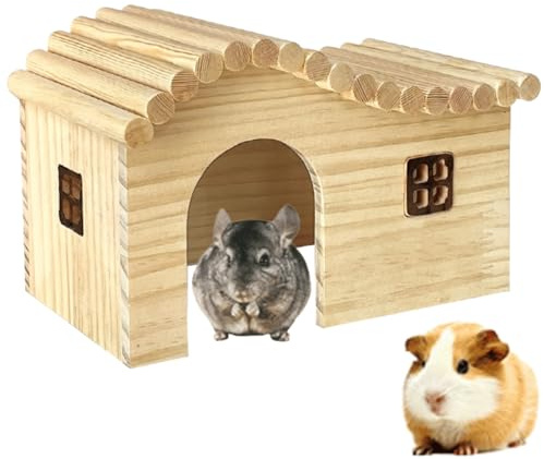 Copfeu Guinea Pig Wood Hideout Hut with Window Small Animal Wooden House for Rat Chinchilla Hedgehog Hamster (Large)
