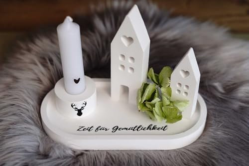 Deko - 2 Häuschen mit Kerzenhalter und Schale aus keramischem Gießmaterial. Inklusive Stabkerze, Zeit für Gemütlichkeit, handgemacht von EleganSaat