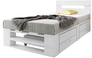 Lermowood Palettenbett M2 aus Holz 100 x 200 cm Weiß mit Kopfteil und 2 Bettkästen Holzbett 40cm Stabiles Seniorenbett Kinderbett Jugendbett Gästebett erhöhtes Bettgestell Futon Komforthöhe Naturholz