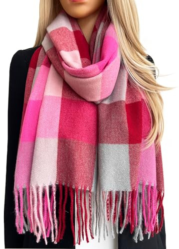The Accessory Co. Tartan Scarf Checked Blanket Scarf Women, Oversized Scarf Shawl Wrap, Ladies Scarves, Rainbow Plaid Long Large Warm Winter Scarf, Colour Block, Womens Gifts (Fuchsia Pink)