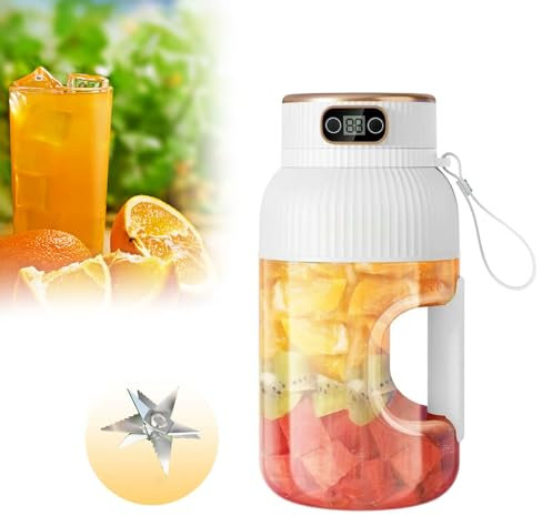 Mixeur Portable pour Smoothies et Shakes 1,2L avec 10 Lames Batterie 3000mAh Portable Smoothie Maker Batterie Poignée Antidérapante Affichage Numérique Mini Blender pour Voyage Cuisine Blanc