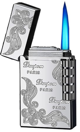 DGHNBMGNG Seitliches Schleifrad, offene Abdeckung, Jet Blue, winddichtes Feuerzeug, verstellbares, nachfüllbares, tragbares Butanfeuerzeug, geeignet for Kerzen, Camping (ohne Brennstoff)(Silver)