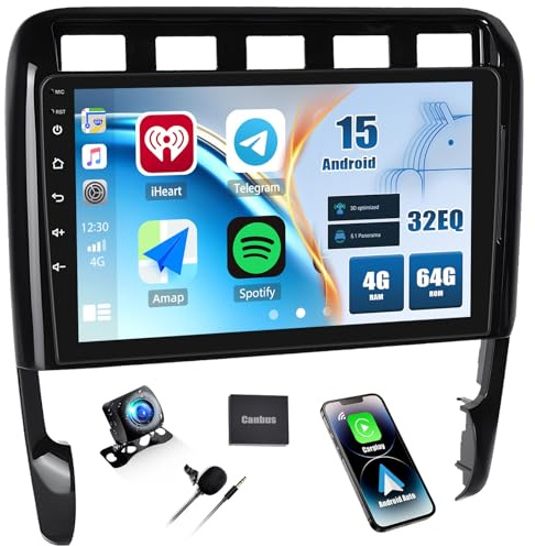 4+64G Android 15 CAMECHO Autorradio 9 Pulgadas para Porsche Cayenne 2002-2010 con Cámara Trasera, Wireless Carplay Bluetooth Radio con Auto GPS WiFi FM/RDS Mirror Link +Canbus