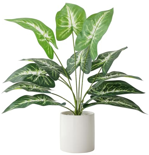Floweroyal Fake Plant in Ceramic Pot Faux Potted Plants for Indoors Green Leaf Plant with White Planter for Desk Office Shelf Bathroom Bedroom Decor（Sea Taro Leaf）