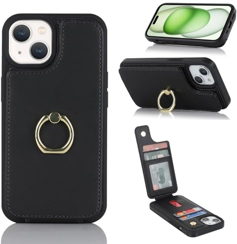 Cavor Phone Case compatible with iPhone 15 Case With Card Holder,Flip Leather Wallet Case,Buckle Metal Ring Shockproof Cover Case compatible with iPhone 15 - Black