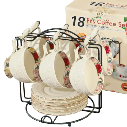 Service À Thé Vintage En Porcelaine 18 Pièces Avec Soucoupes Et Cuillères - Service À Thé Européen En Porcelaine Fine 200 Ml - Service À Café/Thé - Cadeaux Pour Femmes