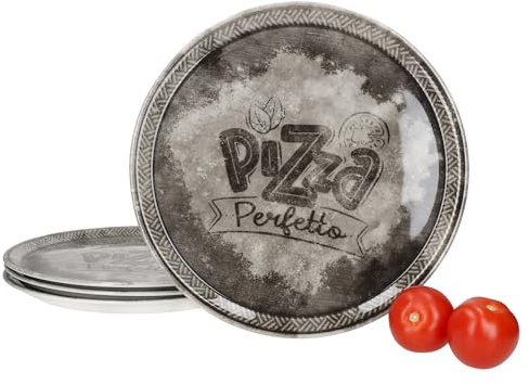 MamboCat 4er Set Perfetto Pizzateller Ø 31,5 cm I Schwarz I für 4 Personen I rustikale Porzellan-Teller für Pizza, Flammkuchen & mehr I große Speiseteller mit Dekor & Schrift, Servierplatte