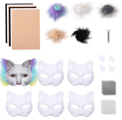 Guniata 6 stycken kattmasker att måla, Therian Mask gör-det-själv-set med fuskpäls och ögonnät, masker konsthantverkssats, för halloween maskerad, maskerad, cosplay (färg)