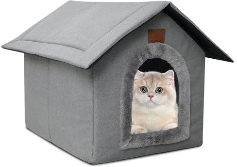 Mineup Katzenhaus Für Draußen Winterfest, 35x30x35cm Katzenhaus Outdoor, Wetterfester Katzenhöhle Haustierhaus mit Plüschkissen, Outdoor Hundehöhle, Faltbares Katzenhau für Streuner Haustiere