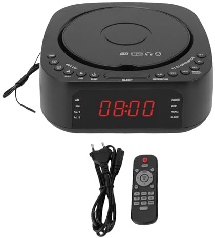VBESTLIFE Allarme Lettore CD, Orologio con Bluetooth USB Ricarica Dimmeble Display Desktop Radio Telecomando Dual Alarming per Camera da Letto (Spina europea)