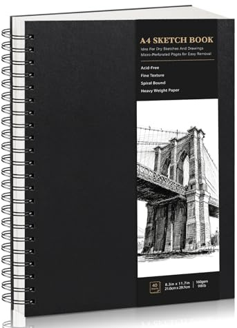 A4 Sketchbook Hardcover Spiral Bound, 160gsm Thick Paper Drawing Pad, 40 Sheets/80 Pages Drawing Book Sketch Pad for Artists, Art Projects, Ideal for Sketching, Pencil & Charcoal