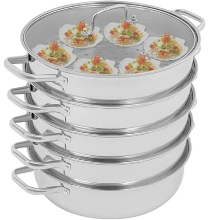 Vaporera de acero inoxidable de 5 niveles, diámetro de 32 cm, con tapa de cristal, 4 rejillas de vapor y 1 cacerola, fácil de limpiar para placas de inducción, cocina de gas
