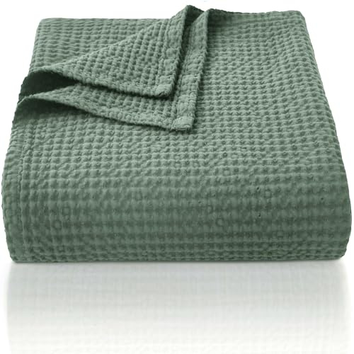 CHUFFED Waffeldecke, Bettüberwurf, 100 % Baumwolle, Einzelgröße, Überwurfdecke für Bett, Sofa, Reisen, weich, leicht, atmungsaktiv, für alle Jahreszeiten, grüner Überwurf, 130 x 150 cm
