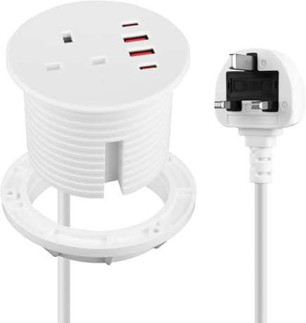 Recessed Power Socket, 20w Fast-Charging Usb-C Port, 80mm Desktop Power Sleeve, Includes 1 Uk Plug, Essential Office Desktop Socket (White)
