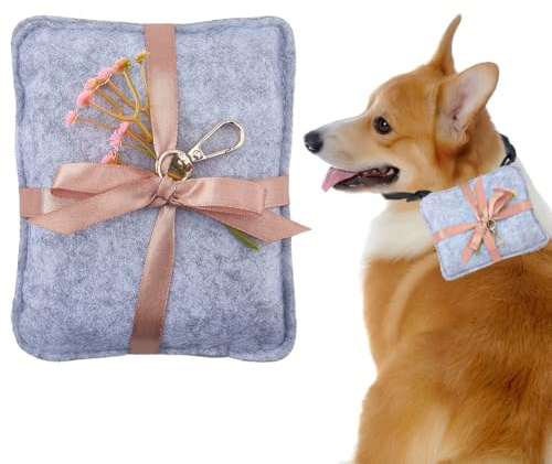 DELORIGIN Cojín para anillos con collar de perro, cojín de fieltro con encaje y flores artificiales, soporte para anillos, estuche para boda, compromiso o propuesta de matrimonio