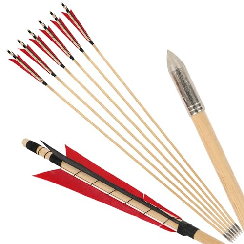 surwolf 31” bågskyttepilar av trä, traditionellt handgjorda, med 5” kalkonfjäder, OD8mm träskena, jaktmål för långbåge/recurvebåge hästbåge 6&12 st. (röd svart, 6pcs)