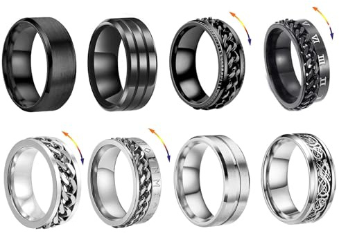 Uwiyo 8 Stück Edelstahl Herren Ring, Silber Schwarz Spinner Ring Männer Vintage Spinner Kette Link Ringe Anxiety Ringe Cool Band Rings Ehering Verlobungsring für Herren Männer