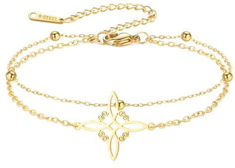 Amaxer Bracelet de cheville en forme de nœud de sorcière pour femme - Amulette vintage en acier inoxydable - Réglable - Double chaîne de cheville