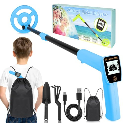 Metal Detector Kids - iTayga 2026 Rechargeable Children Metal Detectors with 1800mAh Battery, Adjustable Height 24-35, High Accuracy Coil Waterproof Gold Detector with LCD Display for Outdoor, Blue