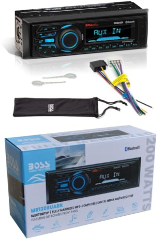 KIT SET PER BOSS AUDIO SYSTEMS MR1308UABK, autoradio 1 din, digital media, ricevitore am/fm, stereo, aux/usb/mp3, con bluetooth, marino, per barca, gommone, nero, 1 pezzo + accessori omaggio