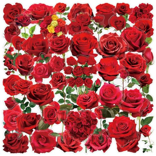 Ovanda 50 Stück Transparente Rosen Sticker Hochzeit, PET Blumen Aufkleber | Rote Rosen Selbstklebend für Gästebuch, Einladungskarten, Tischkarten, Handyhülle, Wasserflasche, Scrapbooking DIY Deko