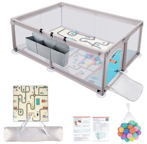 Lindahandel Baby Laufstall 120x180 cm mit Matratze,Laufgitter mit Aufbewahrungstasche mit 3 Fächern, atmungsaktivem Mesh, stabiler 600D Oxford Stoff,Baby Spielplatz für Wohnzimmer