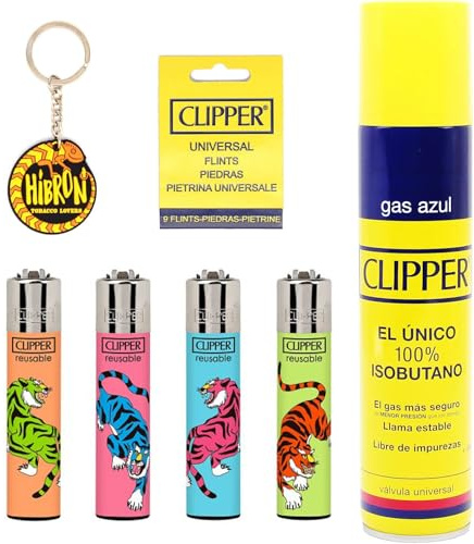 clipper 4 Mecheros Encendedores Diversos Surtidos Bonitos Baratos, 1 Carga Gas Encendedor 300 Ml, 9uds De Piedra y 1 Llavero Hibron Gratis 1-10003-11