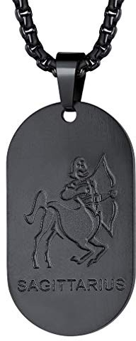 FaithHeart Collier pour Femme Signe Astrologique Sagittaire Chaîne Pendentif Homme Noir Acier Inoxydable Chaîne Ajustable 55cm Plaque Militaire Médaille Zodiaque