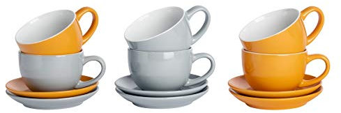 Argon Tableware 12 Piece Coloured Cappuccino Cup & Saucer Set - Modern Stoneware Tea & Coffee Cups - 250ml - Grey/Yellow