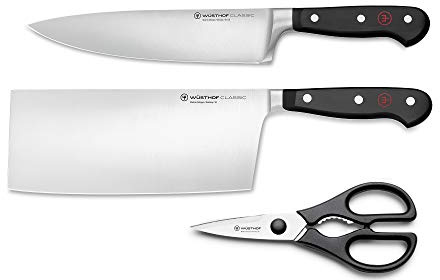 Wüsthof Classic 1120160203 Lot de 3 couteaux avec couteau de cuisine classique, couteau de cuisine chinois et ciseaux Lame en acier inoxydable forgé à haute teneur en carbone