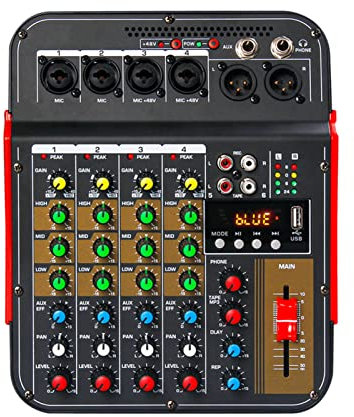 HMTE Mezclador de DJ Profesional, Mezclador de Sonido de 4 Canales, Consola de Efectos, Mezcla de DJ, Mezclador de Audio USB Bluetooth de 48V para Escenario de grabación de Banda doméstica