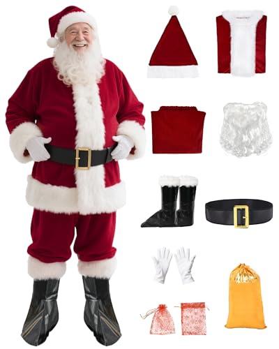 KLLOUZE Santa Claus Costume for Men 9PCS Velvet Santa Costume Professional Santa Suit Adult Men Santa Outfit Christmas Costume (Crimson 9pcs)