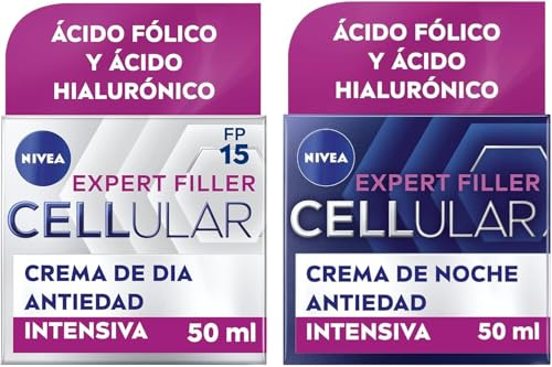 NIVEA Cellular Expert Filler - Set Crema de Día FP15 y Crema de Noche - Antiarrugas, Rellenador 24h, Firmeza, Protección Solar - Con Ácido Hialurónico y Fólico - Todo Tipo de Piel - 2x 50 ml