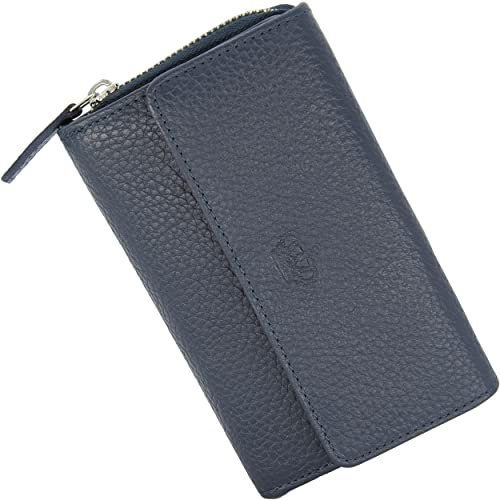 Baur Damen Geldbörse Echt Leder Geldtasche | Geldbeutel mit RFID Schutz | großes Portemonnaie viele Kartenfächer | Wallet mit Druckknopf & Reißverschluss Münzfach | Damen-Geldbörsen (Dunkelblau)