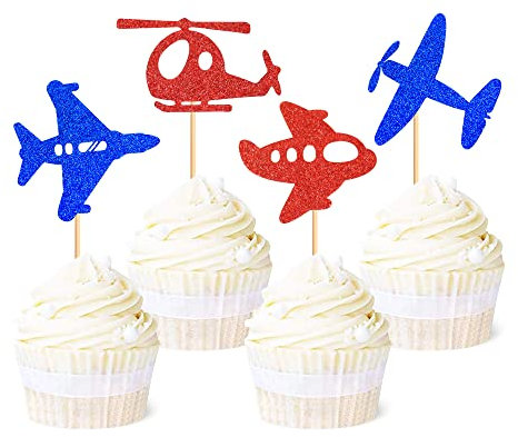 Ercadio 24 Pack Airplane Cupcake Toppers Glitter Aircraft Cupcake Picks Plane Cupcake Toppers Airplane Cake Toppers for Airplane Theme Party Birthday Cake Decoration Supplies