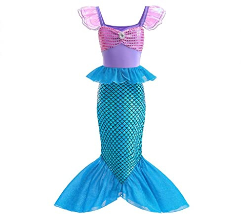 Lito Angels Mädchen Meerjungfrau Kostüm Kleid mit Zubehör, 2-9 Jahre | Spaghettiträger, Paillettenschleife, Fischschuppenmuster, Perücke, Halloween Verkleidung, Geburtstagsparty
