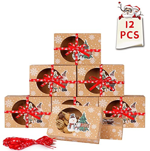 Fayavoo 12 Stück Geschenkboxen Weihnachten Plätzchenboxen mit Transparentem Fenster und Etiketten, Große Weihnachtsboxen Keksdose Cupcake Boxen Kraftpapier Plätzchendose Keksschachtel