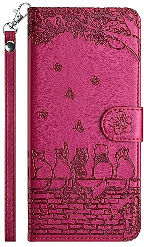Aisenth Flip Case for iPhone 12/12 Pro Wallet Cover With Card Holder | Cat and Butterfly,Magnetic,PU Leather+TPU inner case,Kickstand,Card Slots+Cash Pocket+Wrist Strap,Protective,Violet Red