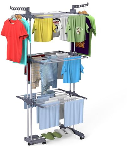 Innotic Clothes Drying Rack, Large Clothes Airer,4 Tier Foldable Rolling Stainless Clothes Horse with Casters for Indoor Outdoor, Grey, Grey