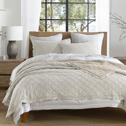 HORIMOTE HOME 100% Linen Front/100% Cotton Back Quilt Set King Size, Beige Pre-Washed European Flax Linen Quilt, Diamond Stitch Bedspread Coverlet Bedding Set 3-Piece for All Seasons