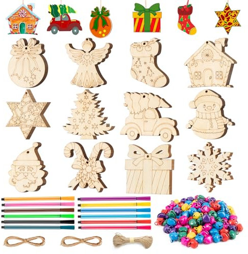 WEVOL 72 Pezzi Addobbi 'Natale', 12 Stili Piccole Decore Ciondoli, Kit Sagome 'Legno', Colorare Palline Legno con Corda/Campana