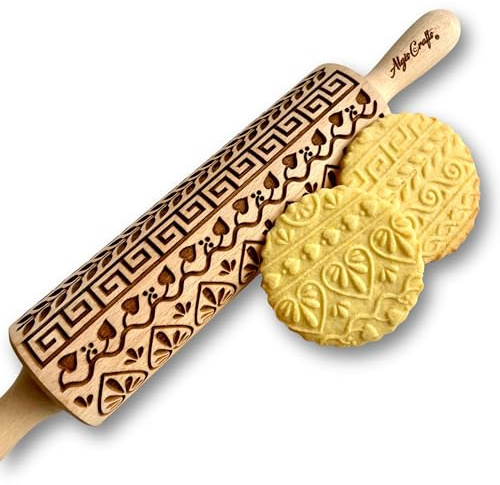 Greek Embossed Rolling Pin. Wooden Rolling Pin with Greek Pattern for Embossed Cookies by Algis Crafts