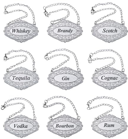 Gorgeous Silver Decanter Tags - Liquor Bottle Tags Set of 9 - Gin, Vodka, Bourbon, Cognac, Whiskey, Brandy, Rum, Scotch, Tequila - Adjustable Chain