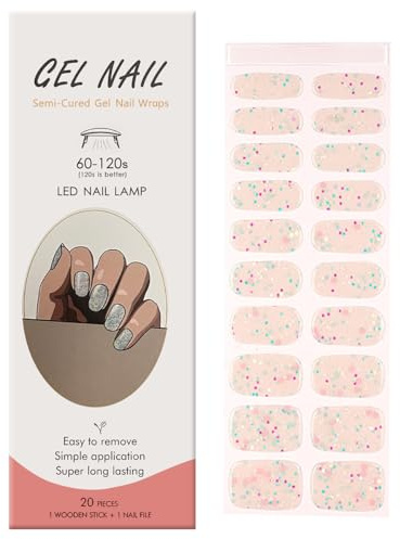 Ceboic 20PCS Gel Nagellack Aufkleber, Glitzer Tupfen UV Gel Nagelfolie Nagellackstreifen, Langanhaltend Nagelfolien Selbstklebende Gellack Wraps für Nagel, UV/LED-Lampe Erforderlich Cured