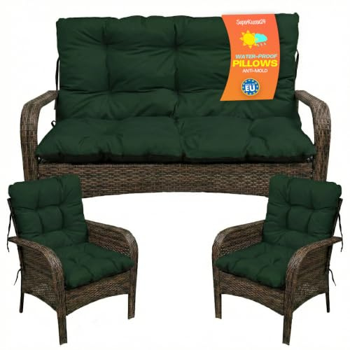 SuperKissen24. Sitzkissen Bankkissen Bankauflage - 140x50 cm und Rückenlehne 140x60 cm mit 2er 48x96 cm Stuhlkissen Set - Outdoor und Indoor - Dunkelgrün