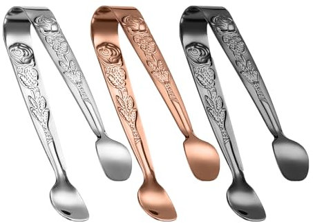 ZYHUI Ice Tongs Stainless Steel Sugar Tongs 3 PCS Mini Tongs for Food Small Metal Tongs with Embossed Rose Flower Serving Tongs for Ice Cubes Lemon Slices Biscuits (Silver, Black, Rose Gold)