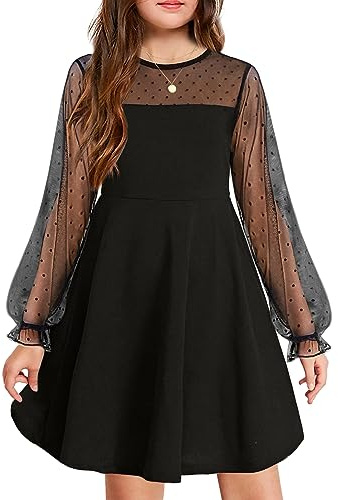 Arshiner Girls Contrast Mesh Puff Long Sleeve A Line Dress with Pocket | Girl's Contrast Mesh Puff Long Sleeve High Waist A Line Short Dress with Pockets for 6-13 Years
